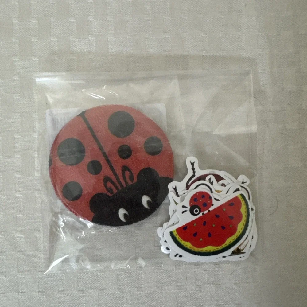 2 Ladybug Neoprene Fabric Round Car Coasters For Cup Holder & 10 Stickers Set